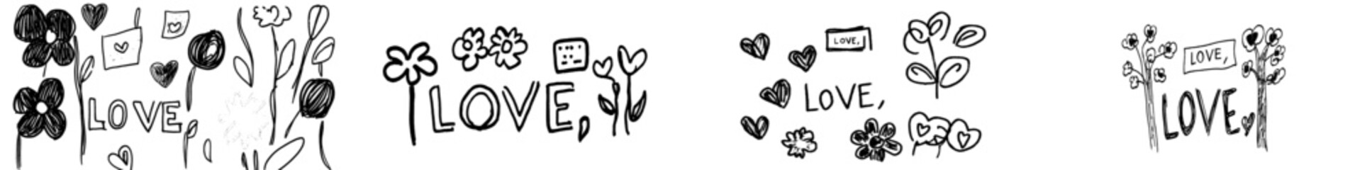 Poster - Adult coloring book featuring designs for wedding invitations and Valentine's Day, including abstract flowers, hearts, envelopes, arrows, hearts, birds, kisses, and butterflies