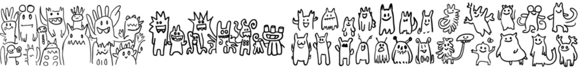 Poster - Funny monsters, with a cute monster pattern perfect for a coloring book, on a black and white background