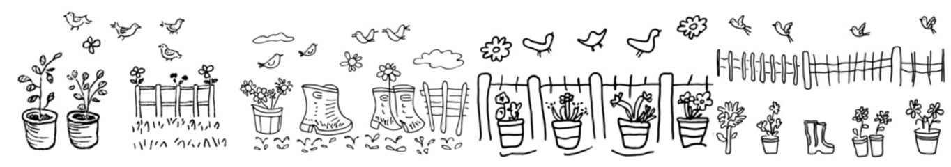 Poster - rustic landscape adorned with gardening tools for your coloring book