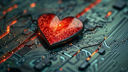 Fototapete - A vibrant red heart symbolizing love and emotion is prominently placed on a detailed circuit board.
