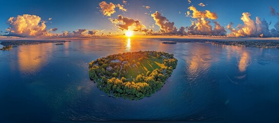 Wall Mural - Aerial view of island at sunset.