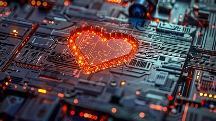 Poster - A striking portrayal of a heart shape made from luminous circuitry elements embedded within a complex electronic design. This artwork blends emotions with technology, emphasizing creativity.