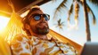 © JoxyAimages - A joyful man lounges in a hammock under swaying palm trees, wearing sunglasses and a vibrant shirt, embodying the essence of relaxation and escapism in a tropical paradise.