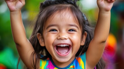 An exuberant young girl raises her arms in joyful celebration outdoors, reflecting pure delight and enthusiasm, with a colorful background of vibrant festivities and happiness.