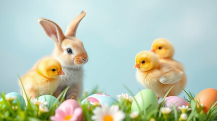 Wall Mural - Adorable bunny and fluffy chicks nestled amongst colorful Easter eggs and spring flowers. A perfect springtime scene!