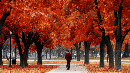 Man walking on a path through vibrant red autumn trees, leaves on the ground. Serene fall scenery.