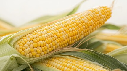 Fresh yellow corn cobs green husks on white background