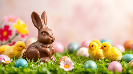 Wall Mural - Chocolate bunny and fluffy chicks nestled amongst pastel Easter eggs and spring flowers. A delightful springtime scene perfect for Easter celebrations.