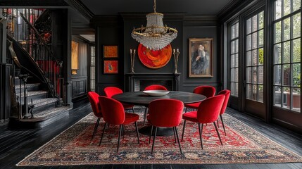 Dark dining room with red chairs and chandelier.