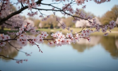 Canvas Print - Beautiful cherry blossoms by a serene lake