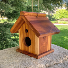 Beautiful wooden birdhouse with sloped roof, hanging outdoors in garden setting. natural wood colors and textures create charming and inviting look for birds