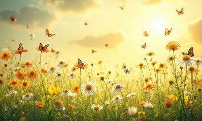 Canvas Print - Vibrant flowers and butterflies in sunlight