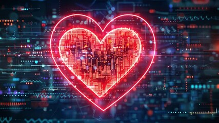 Fototapete - A captivating blend of digital elements showcases a large glowing heart shape filled with intricate patterns.