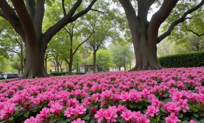 Canvas Print - Vibrant flowers blooming beneath tall trees