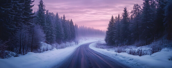 Canvas Print - Banner with winter panorama landscape. Forest, trees and road covered snow. Sunrise, winterly morning of a new day. Purple landscape with sunset. Happy New Year and Christmas concept