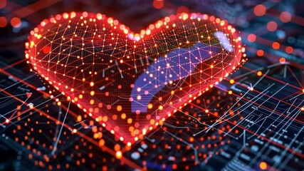 Poster - A glowing heart composed of interconnected dots and lines is set against a backdrop of complex data patterns. This vibrant visual represents the fusion of love and technology in a digital age.