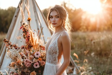 Wall Mural - Slim bride in a bohemian-style wedding dress, standing by a teepee decorated with flowers, festival-style wedding, warm golden hour lighting