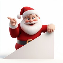 Wall Mural - Santa Claus, depicted in 3D, waves his hand behind a white board, set against a white background.