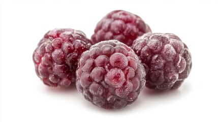 Wall Mural - Four frozen raspberries on white background highlighting frosty texture