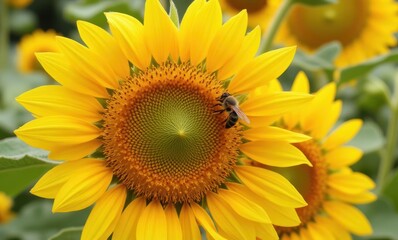 Canvas Print - Bee pollinating vibrant sunflower blossoms