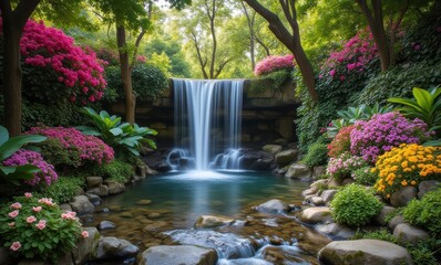 Canvas Print - Serene waterfall in vibrant floral garden.