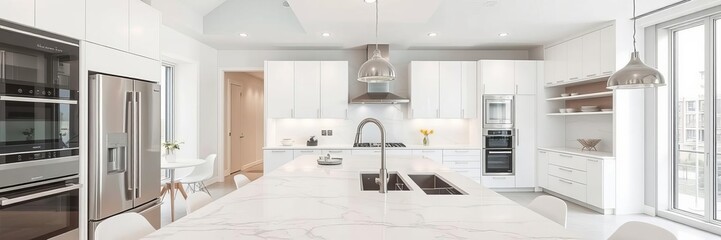 Wall Mural - Modern white kitchen with sleek stainless steel appliances, marble countertops, and minimalist decor, designer, marble countertops