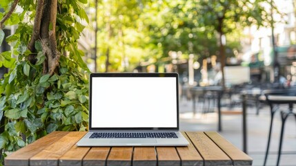Wall Mural - modern laptop computer showing a blank screen is placed on a wooden table in an outdoor cafe setting
