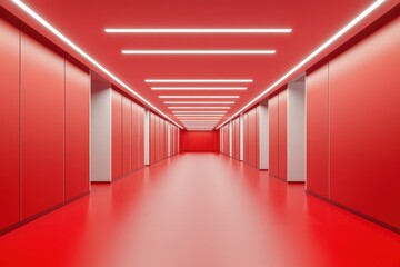 Red corridor, modern building, glowing lights, empty space, architecture