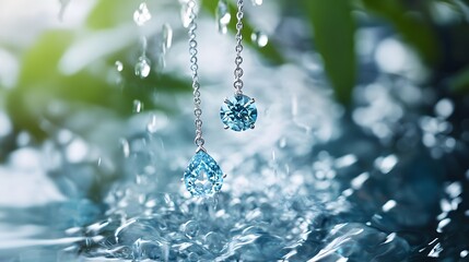 Wall Mural - Dazzling Blue Drops of Water with Shimmering Gemstones Pendant