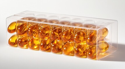 Transparent container of golden capsules on display