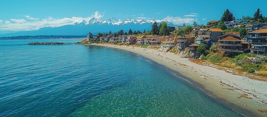 Wall Mural - Coastal houses on sandy beach with crystal clear ocean and mountain backdrop.