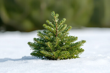 Wall Mural - small evergreen tree surrounded by fresh, clean snow creates serene winter scene. vibrant green contrasts beautifully with white snow, evoking peaceful atmosphere