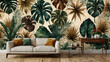 © iqra - Vintage tropical green and brown leaves, set against a soft beige background, shimmer with a golden texture that adds a touch of opulence. This luxury mural resembles a premium wallpaper.
