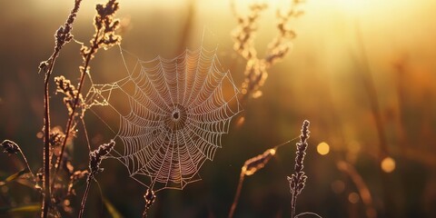 Sunlight illuminates spider webs on a weed plant, creating a stunning display where delicate spider webs glisten in the fading light of day, showcasing nature s intricate beauty.
