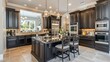 © xio - Luxury kitchen island, granite countertop, dark cabinets,  sunlit view.  Ideal for home design.