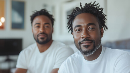 Same sex African American couple enjoying a moment of connection in a cozy indoor setting together