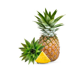 Fresh pine apple with head leaves ; slice isolated on  transparent.