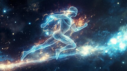 Wall Mural - Holographic runner silhouette in outer space with cosmic light trail. Digital art for design and print. Futuristic sports and sci-fi concept