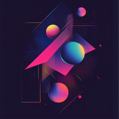 Wall Mural - Dynamic geometric shapes in vibrant neon colors floating against a dark gradient background.