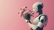© Ирина Рычко - beautiful female robot holding flowers on pink background, with copy space