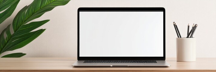 Aufkleber - Modern laptop with blank screen is placed on wooden desk next to pencils and plant, creating ideal workspace for graphic design, website development, or other creative projects