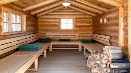 Warm wooden interior of a Russian banya with a burning stove, wood pile, and towels, creating a serene spa environment for relaxation