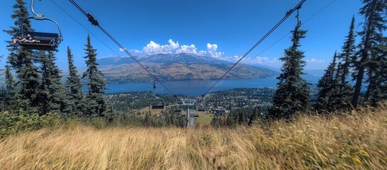 Wall Mural - Mountaintop chairlift view overlooking lake and town.