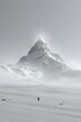 © Olena Liulko - Two figures stand in awe before a majestic snow-capped mountain shrouded in mist against a stark, minimalist sky.