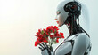 © Ирина Рычко - beautiful female robot holding flowers on light soft background, with copy space