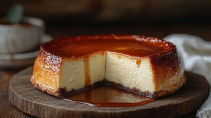 Wall Mural - A slice of creamy caramel cheesecake on a rustic wooden board, tempting dessert