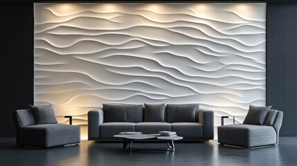 Abstract 3D wall panel design with a seamless white wave pattern and subtle contrasts between light and shadow