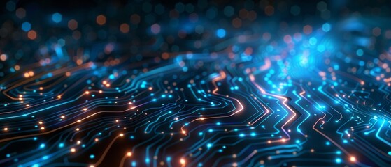 Wall Mural - abstract digital background with bright neon lines and dots resembles a futuristic circuit or microchip. It is ideal for illustrating technology articles, innovation presentations or website design,