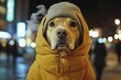 © A - Social commercial - Ð°nimal care. Sad cute baby dog labrador retriever in winter warm clothes, visible breath from nose and mouth in icy wind. Problem of endangered animals. Dog frost vest.