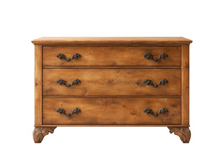 Antique wooden chest of drawers with ornate handles and open top drawer in a rustic setting